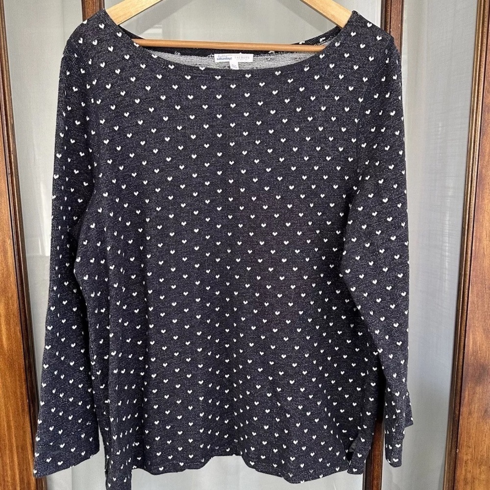 Talbots Top Shirt Womens XLP Hello Saturday Blue White Hearts Print Knit Petite